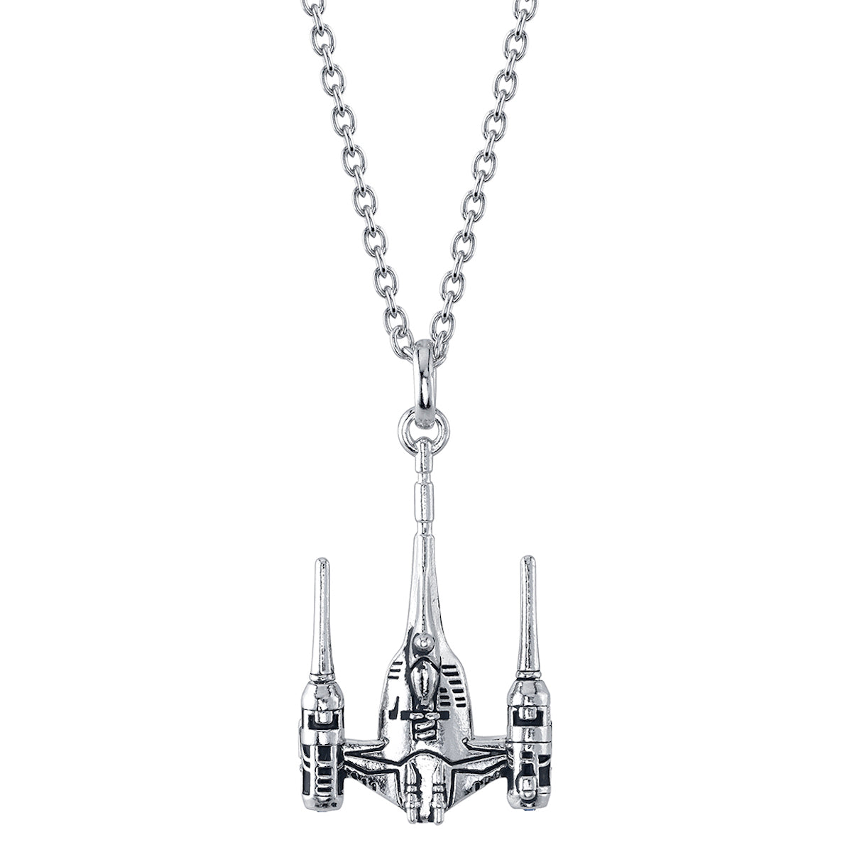 Close-up of Star Wars Naboo N-1 Starfighter necklace in sterling silver.
