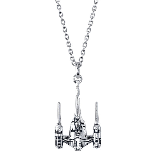 Close-up of Star Wars Naboo N-1 Starfighter necklace in sterling silver.-0