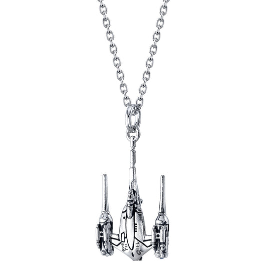 Close-up of Star Wars Naboo N-1 Starfighter necklace in sterling silver.-2