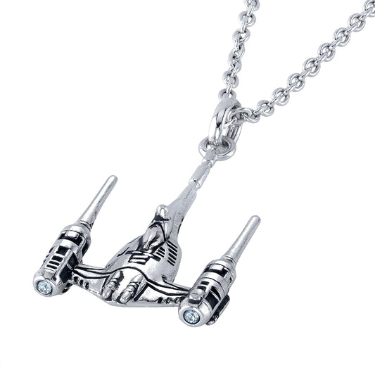 Close-up of Star Wars Naboo N-1 Starfighter necklace in sterling silver.-1