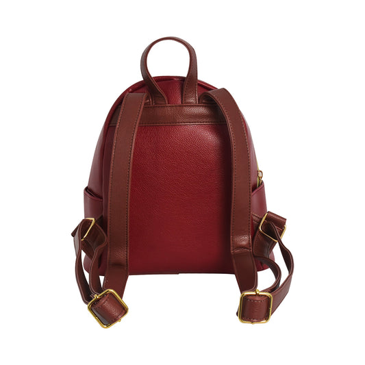 Front view of burgundy Harry Potter Platform 9 3/4 mini backpack with gold hardware-1