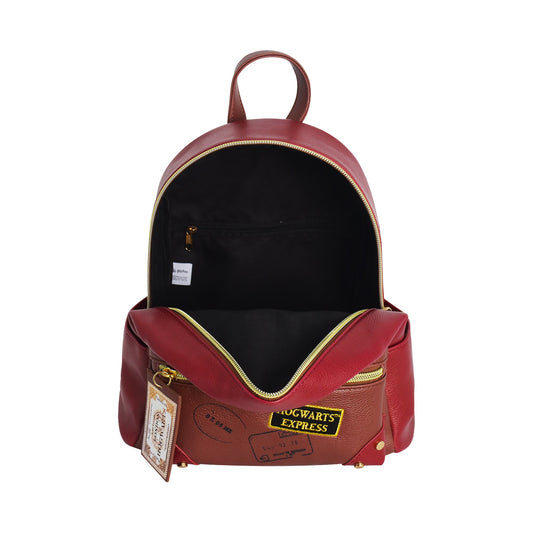 Front view of burgundy Harry Potter Platform 9 3/4 mini backpack with gold hardware-2