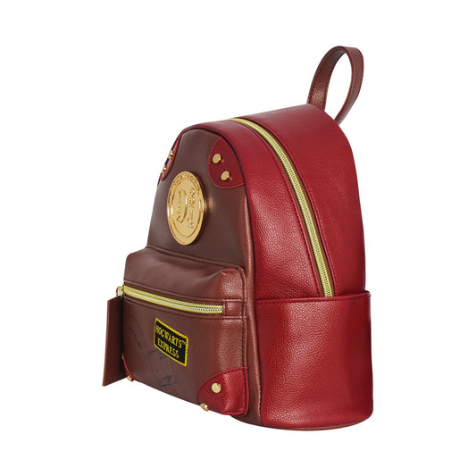 Front view of burgundy Harry Potter Platform 9 3/4 mini backpack with gold hardware-3