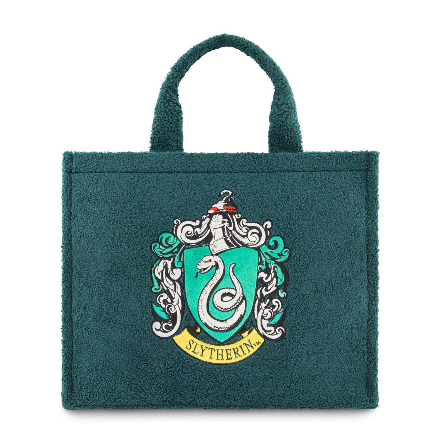 Front view of green sherpa travel tote featuring the Slytherin house crest