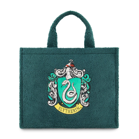 Front view of green sherpa travel tote featuring the Slytherin house crest-0