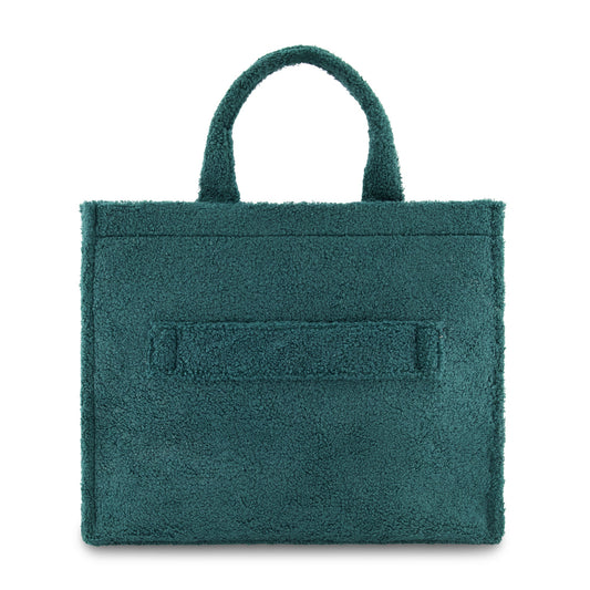 Front view of green sherpa travel tote featuring the Slytherin house crest-1