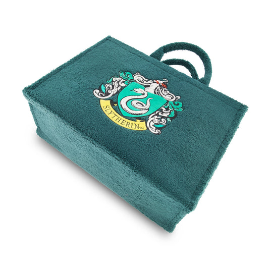 Front view of green sherpa travel tote featuring the Slytherin house crest-3