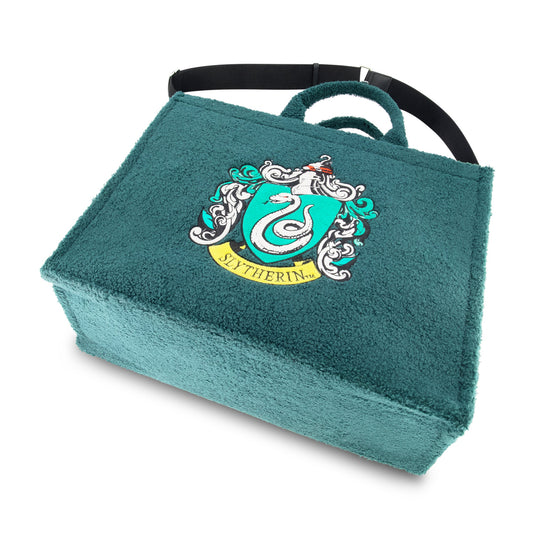 Front view of green sherpa travel tote featuring the Slytherin house crest-4