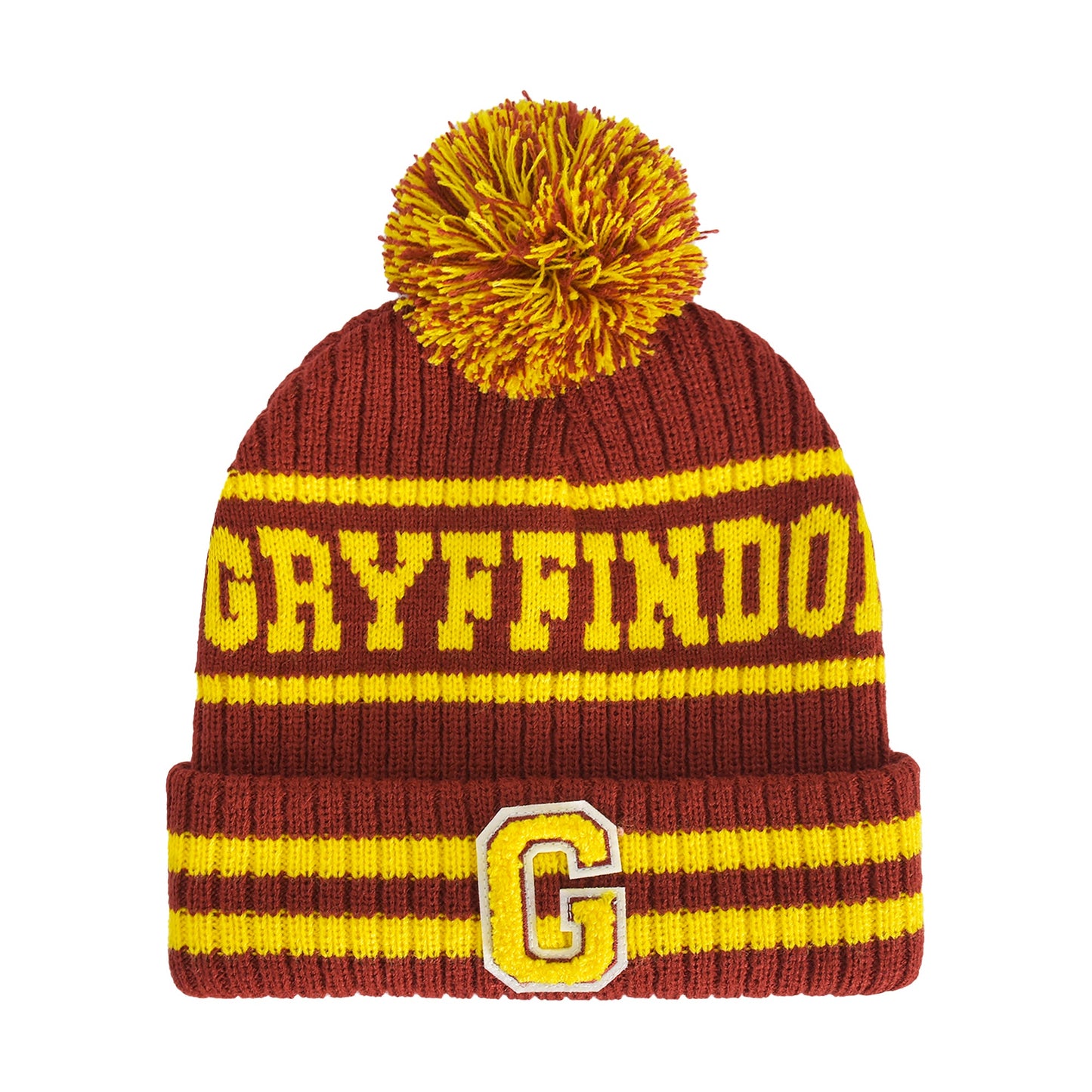 Front view of the Harry Potter Gryffindor Collegiate Pom Beanie in red and yellow