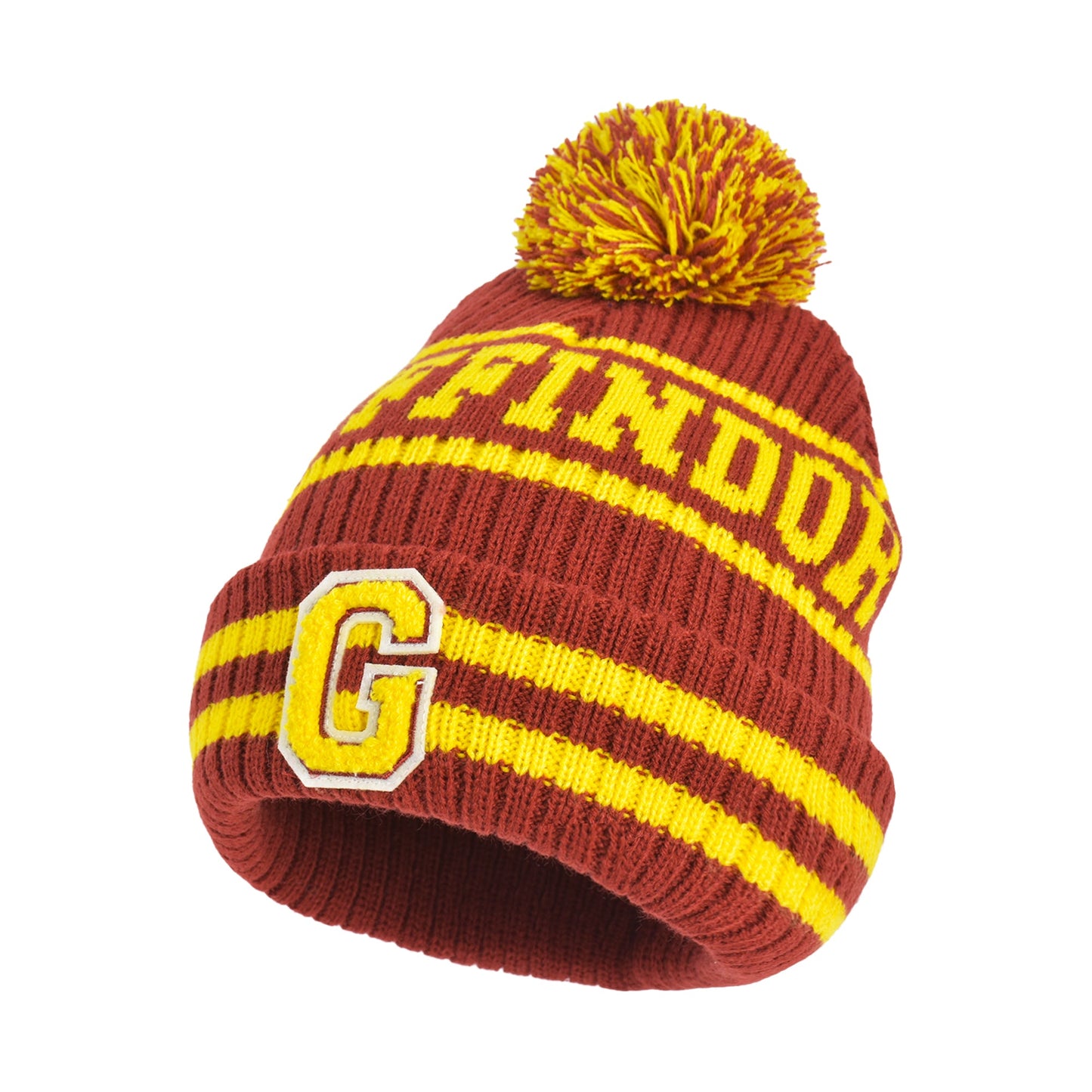 Top view showing the red and yellow pom pom on the Harry Potter knit hat