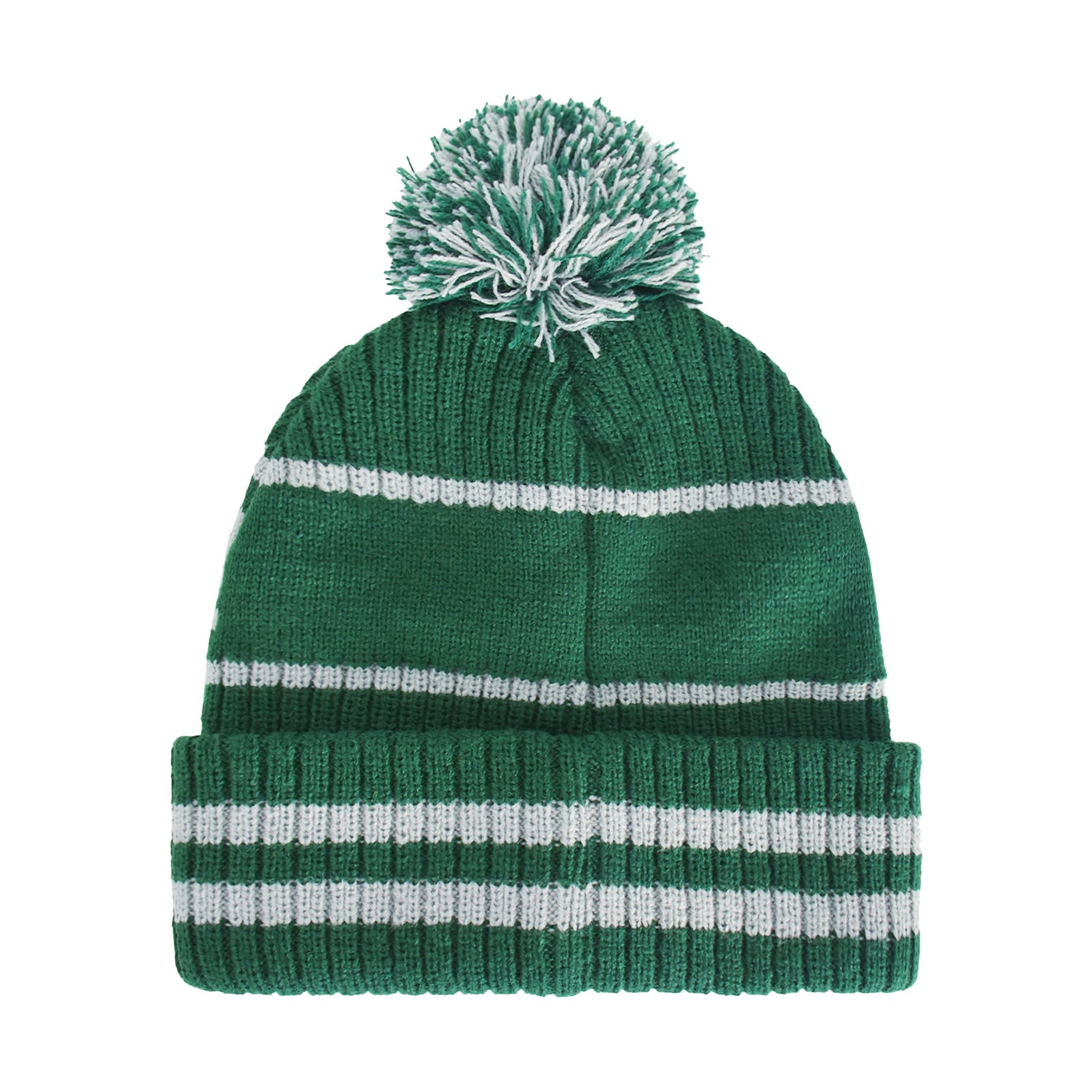 Slytherin logo detail on green knit pom beanie cuff