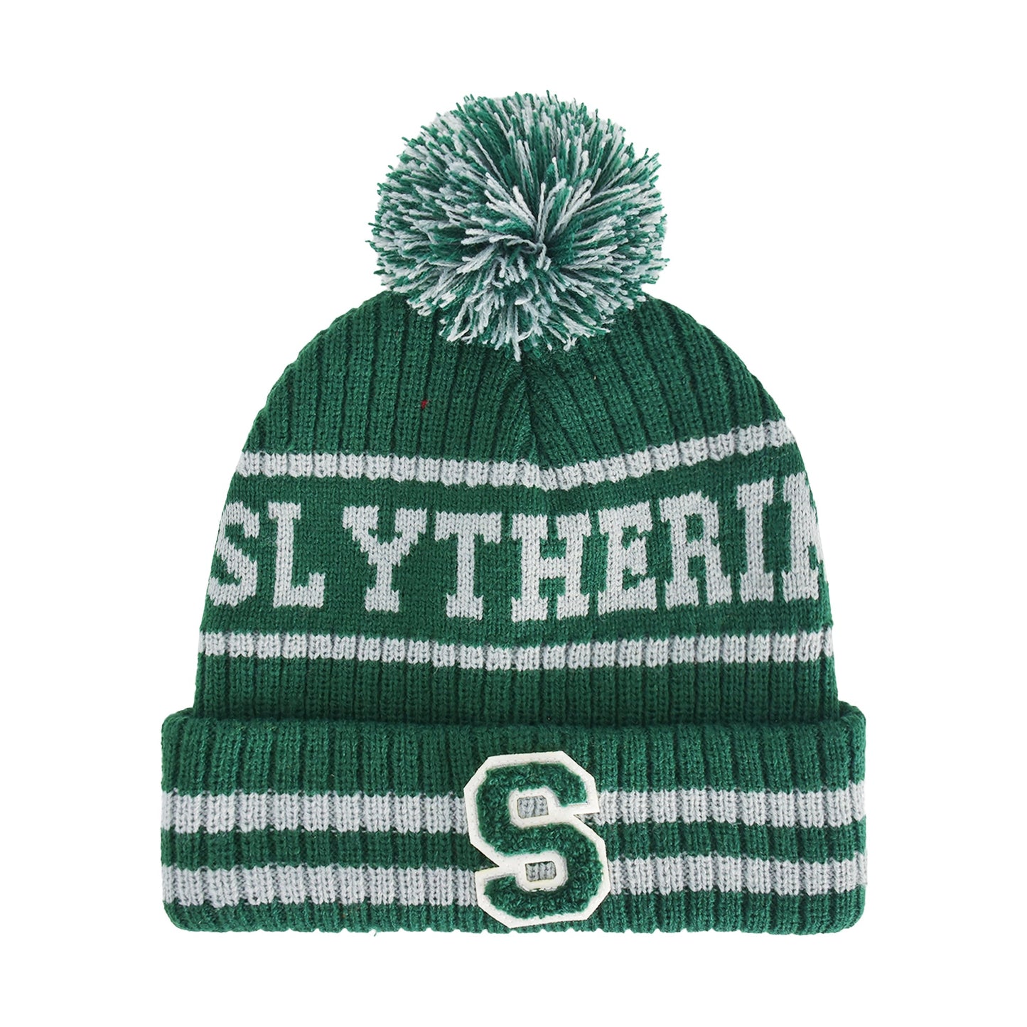 Harry Potter Slytherin Collegiate Pom Cuff Beanie front view