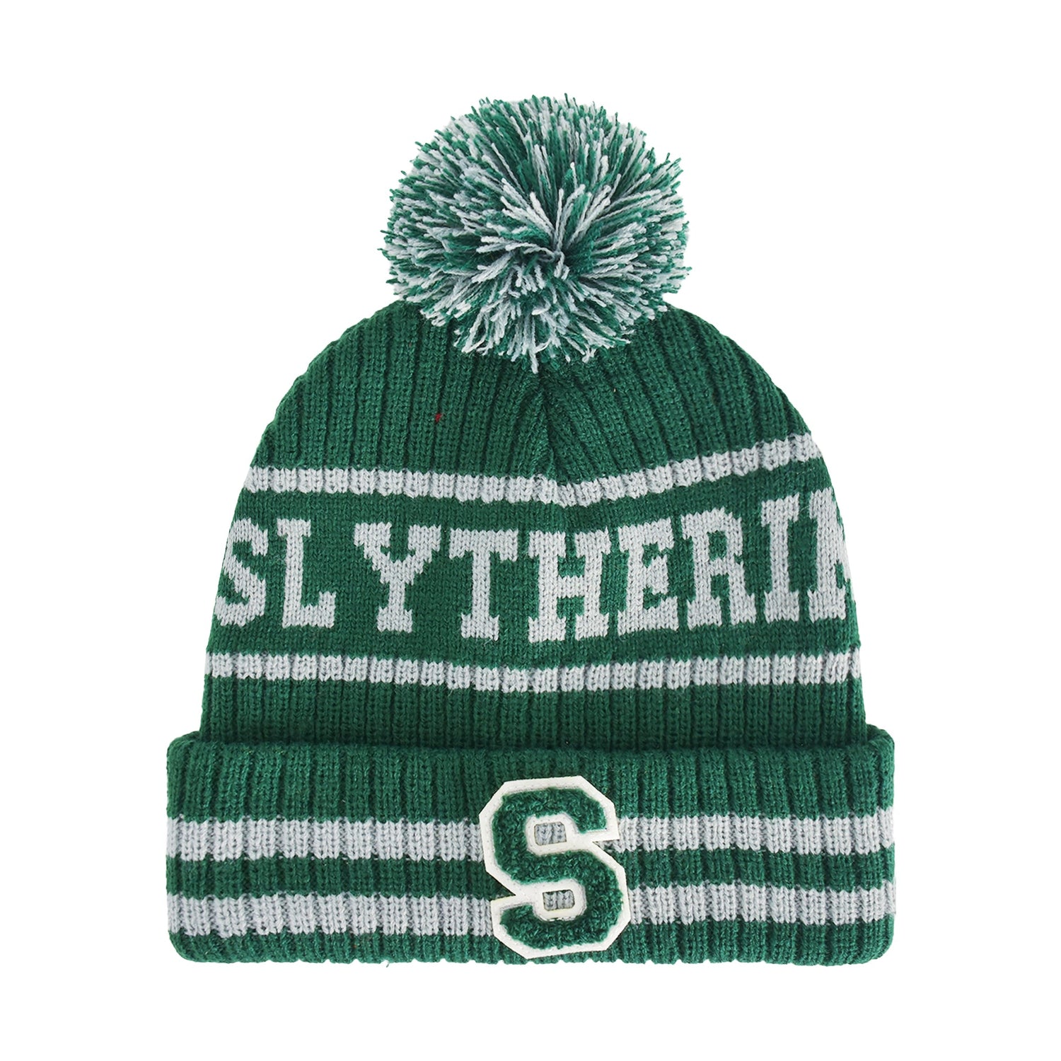 Harry Potter Slytherin Collegiate Pom Cuff Beanie front view