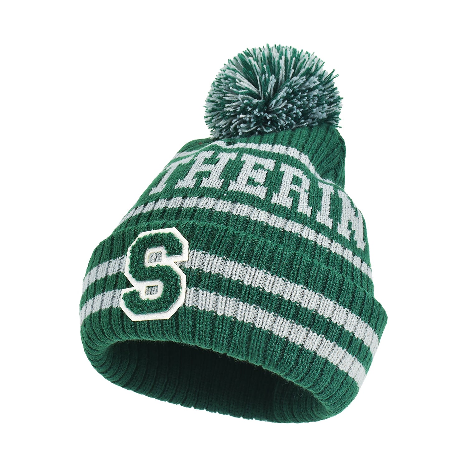 Close up of Slytherin text and pom-pom on Harry Potter hat