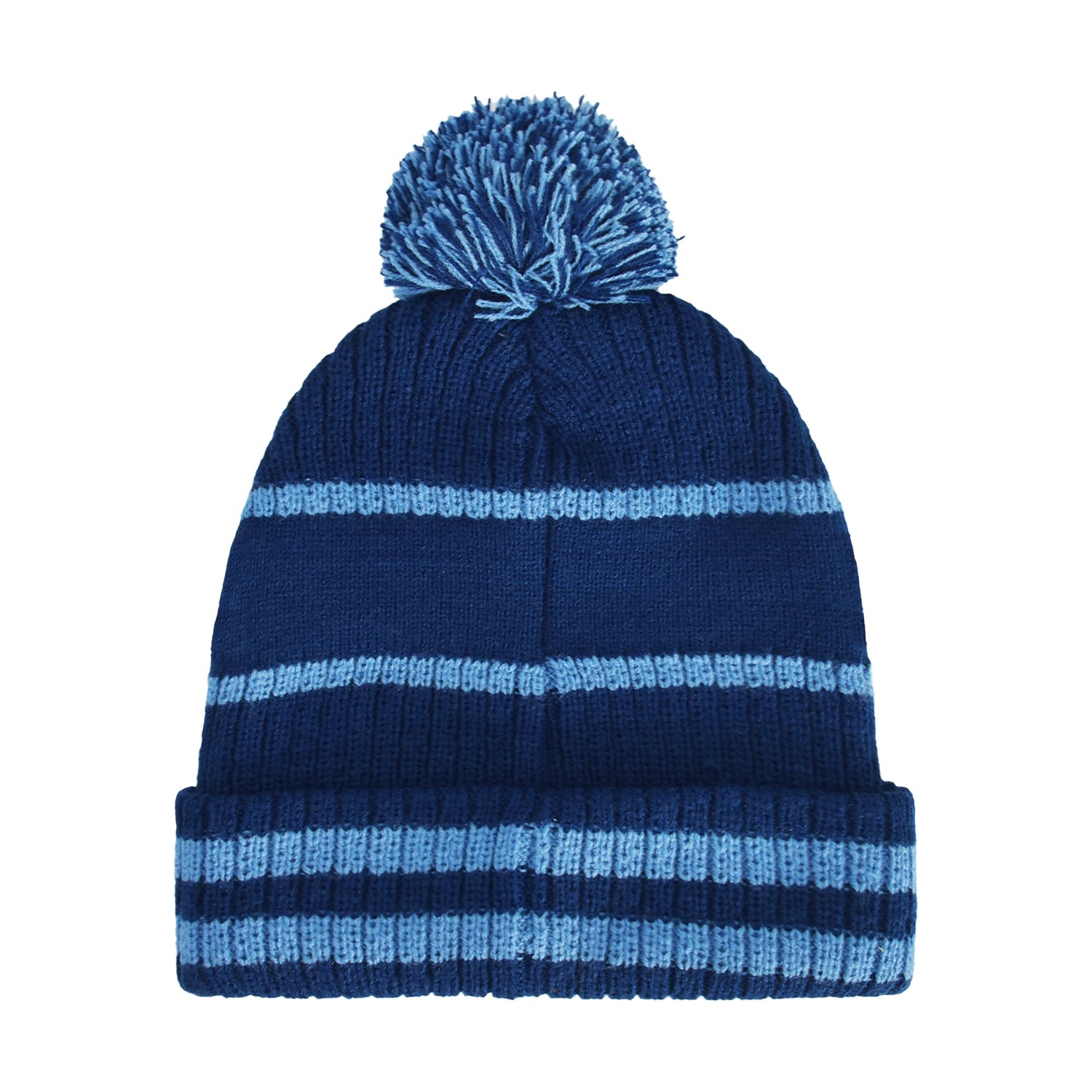 Dark blue Ravenclaw knit hat with light blue stripes and pom pom
