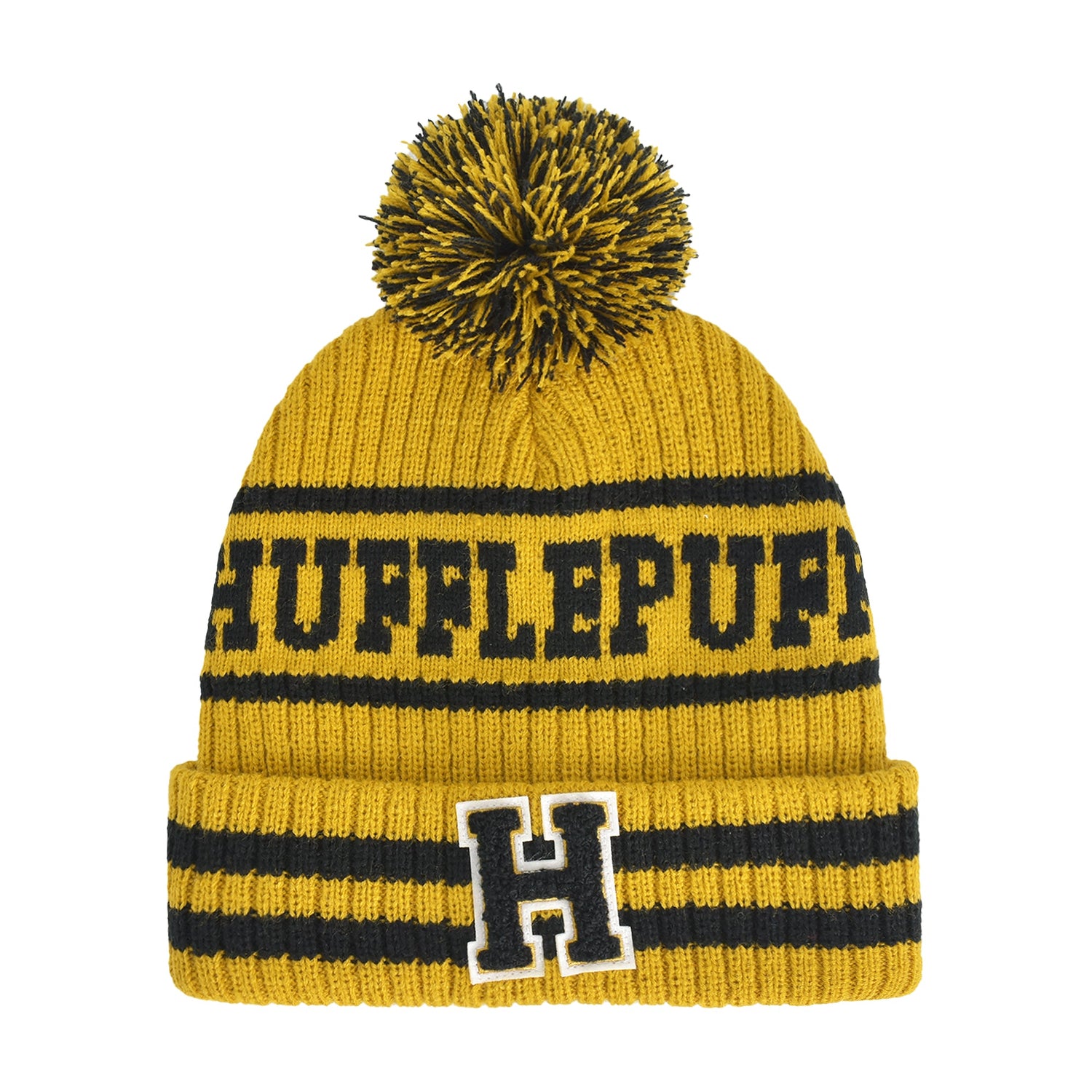 Harry Potter Hufflepuff yellow and black pom pom beanie front view