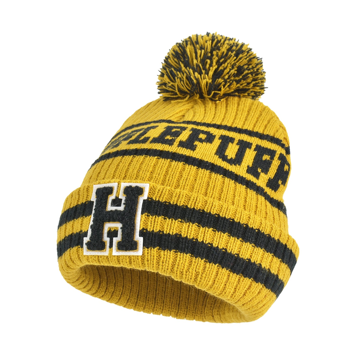 Hufflepuff collegiate house beanie showing pom and black stripes