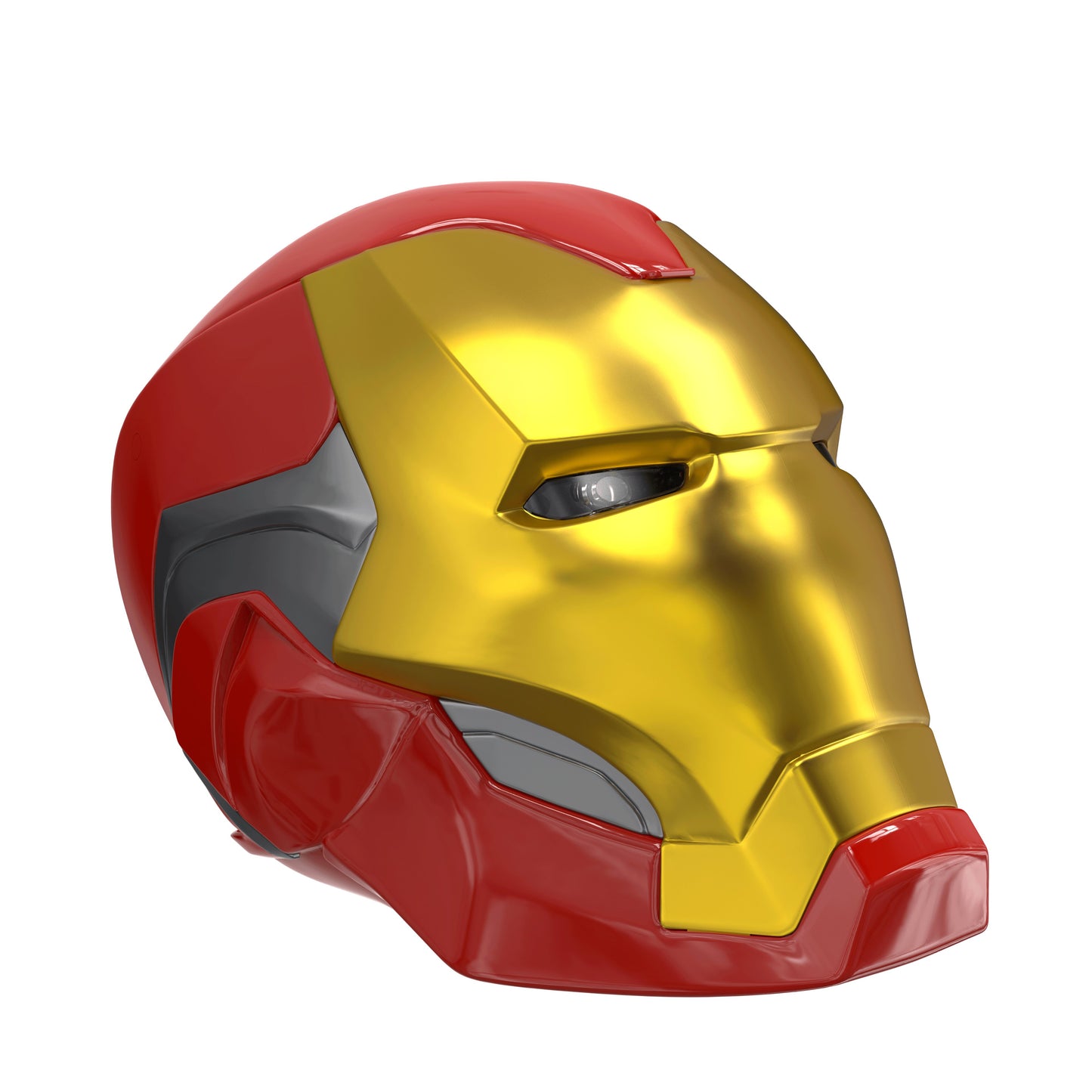 Close-up view of the helmet eyes illuminated with the built-in light-up feature