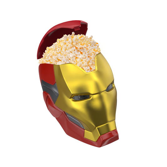 Front view of the Iron Man helmet bucket featuring a metallic red and gold finish-0