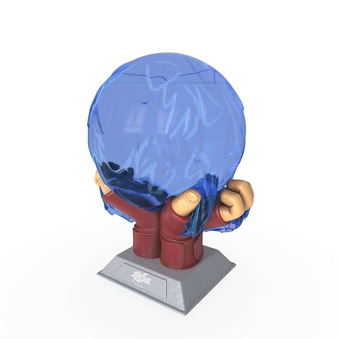 Front view of the Street Fighter Hadoken popcorn bucket shaped like a glowing blue energy sphere