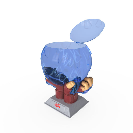 Front view of the Street Fighter Hadoken popcorn bucket shaped like a glowing blue energy sphere-1
