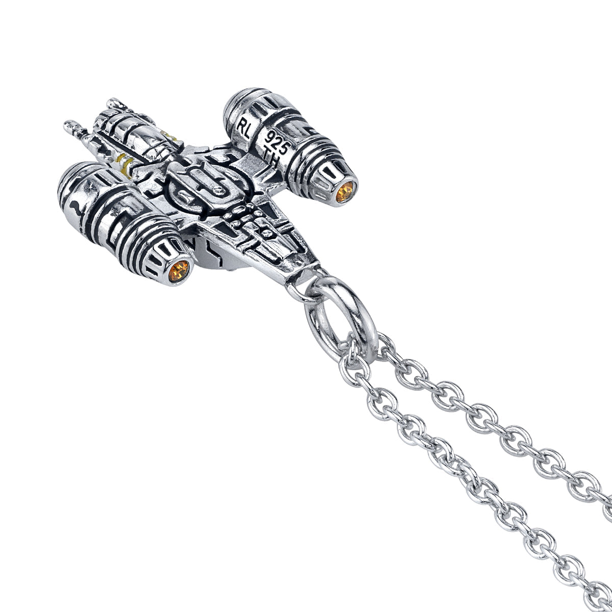 Razor Crest pendant featuring yellow enamel and amber cubic zirconia crystals