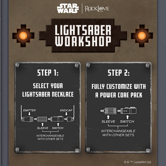 Fully assembled Star Wars Duty and Resolve lightsaber hilt pendant on a rhodium chain.-3