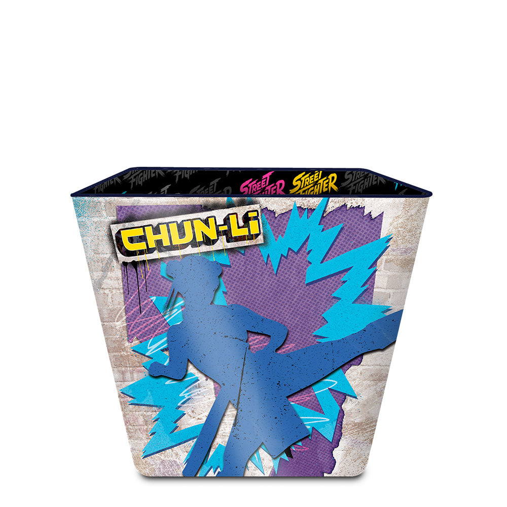 Front view of the Street Fighter popcorn tin showing iconic character graphics against a metal finish