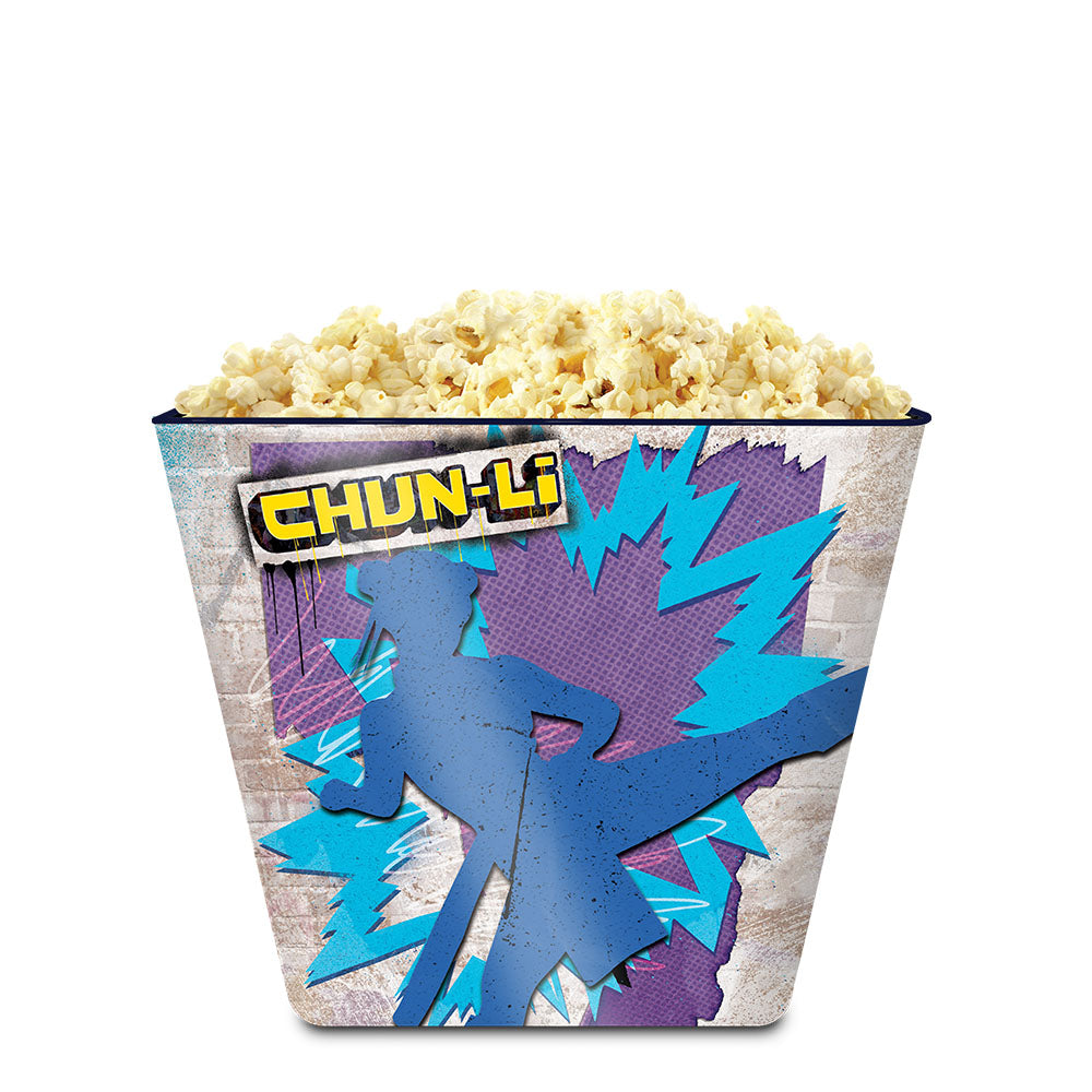 Angle view of the 130 oz Street Fighter metal popcorn tin highlighting the cylindrical shape