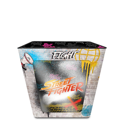Front view of the Street Fighter popcorn tin showing iconic character graphics against a metal finish-2