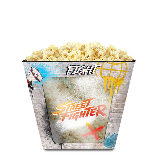 Front view of the Street Fighter popcorn tin showing iconic character graphics against a metal finish-3