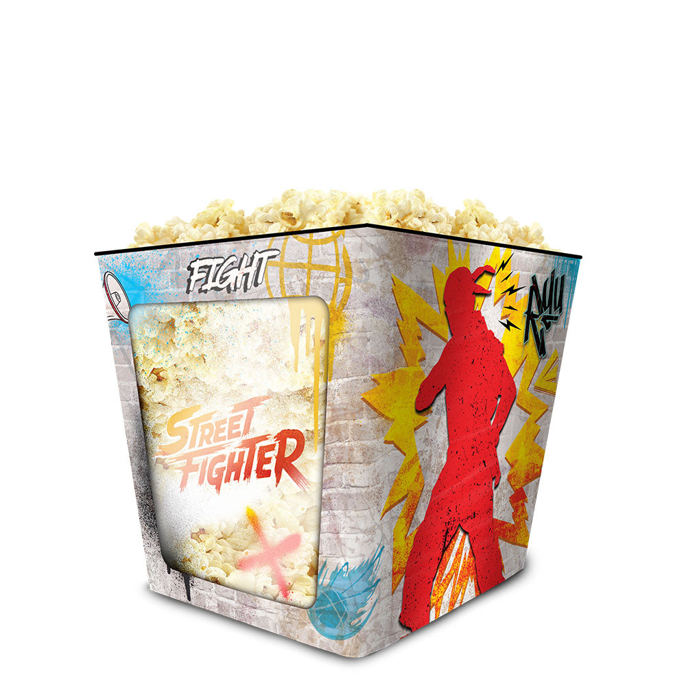 Side profile view of the durable metal Street Fighter popcorn tin