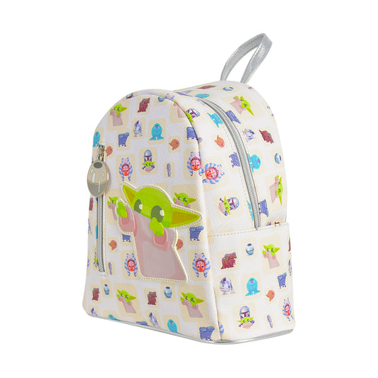 Front view of the Star Wars Grogu mini backpack showing the all-over character pattern.-3