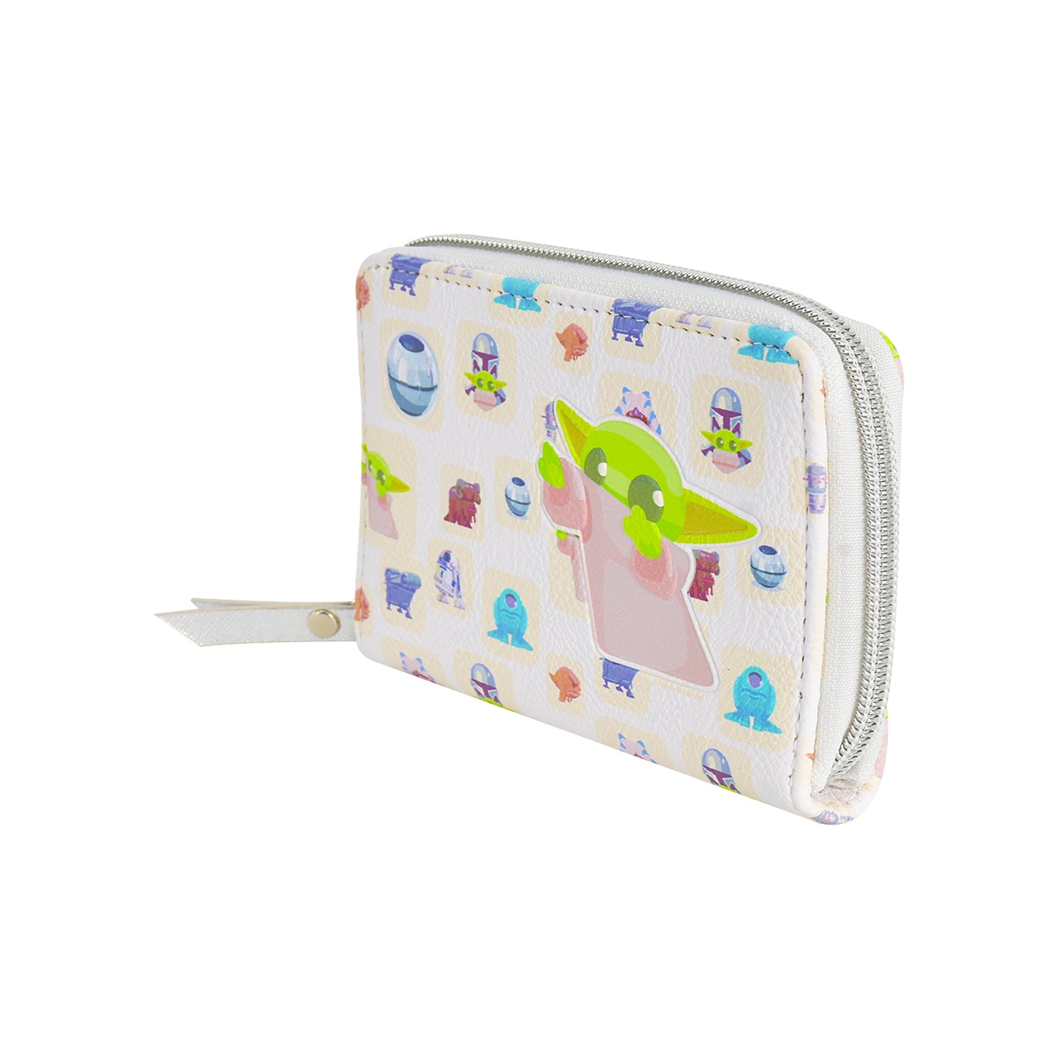 Back view of the Grogu character pattern on the white zip around wallet