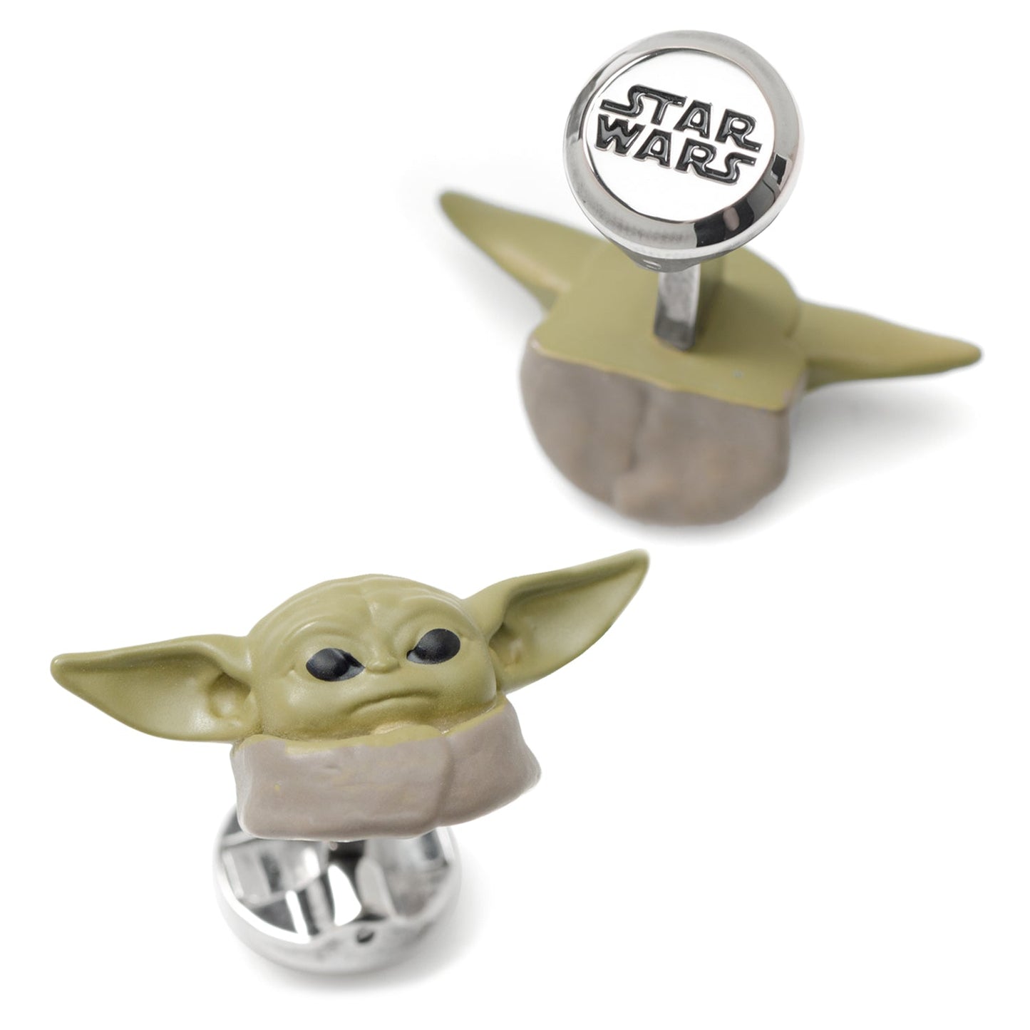 Angled view of the Mandalorian Grogu cufflinks highlighting the 3D depth.