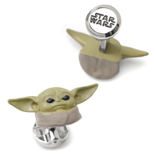 Front view of 3D sculpted Grogu cufflinks showing detailed face and ears.-1
