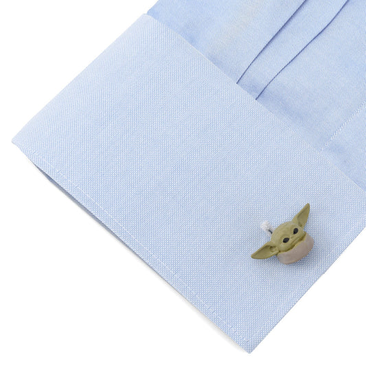 Front view of 3D sculpted Grogu cufflinks showing detailed face and ears.-2