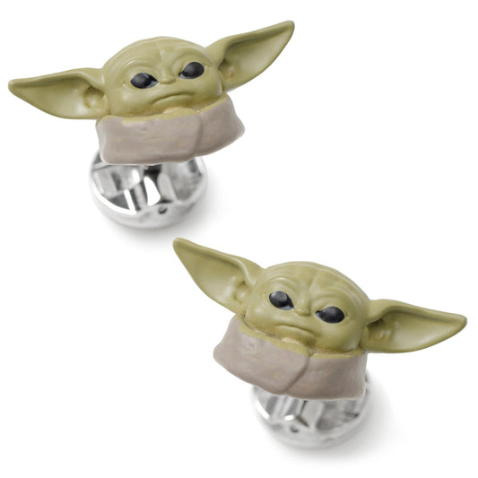 Front view of 3D sculpted Grogu cufflinks showing detailed face and ears.-0