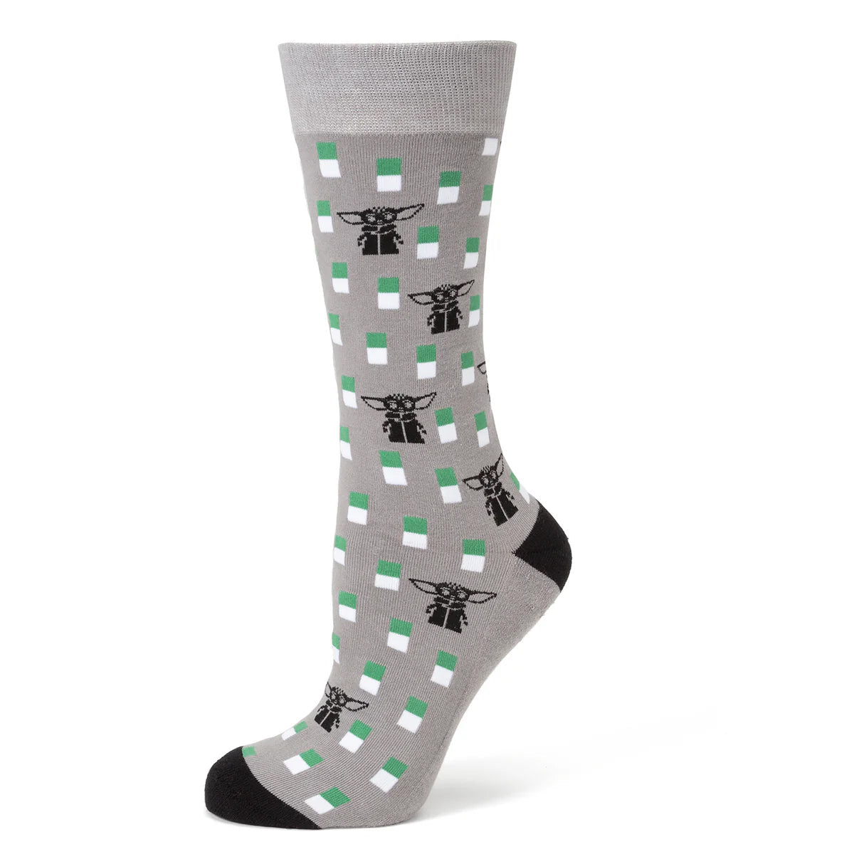 Close-up of grey socks featuring the Child Grogu from The Mandalorian.