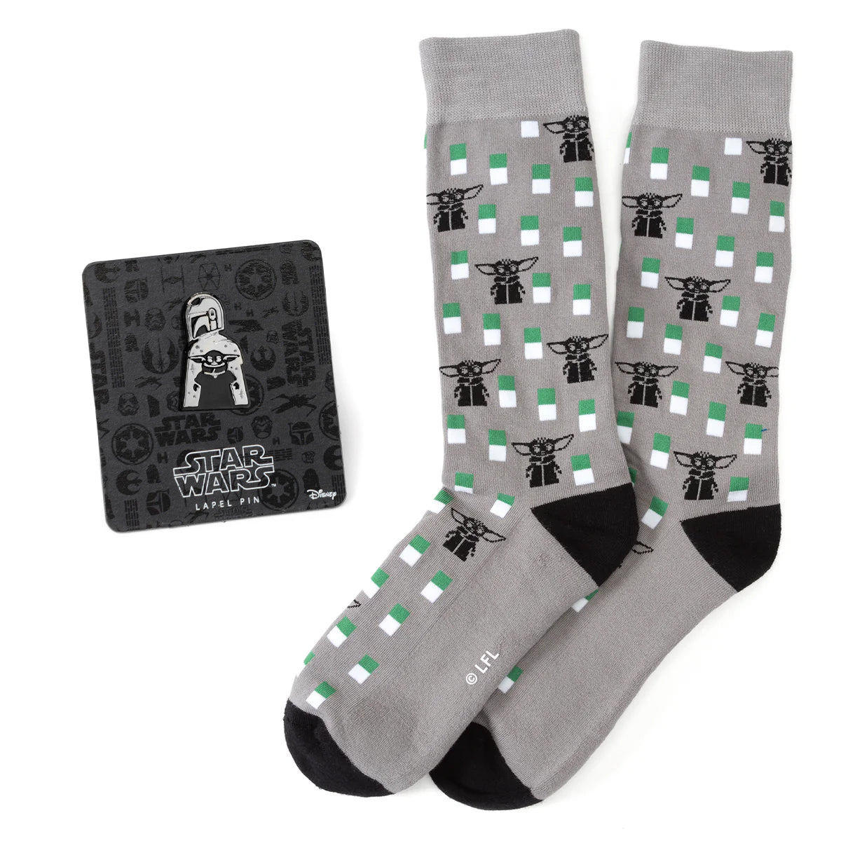 Star Wars Mandalorian and Grogu grey dress socks and lapel pin gift set.