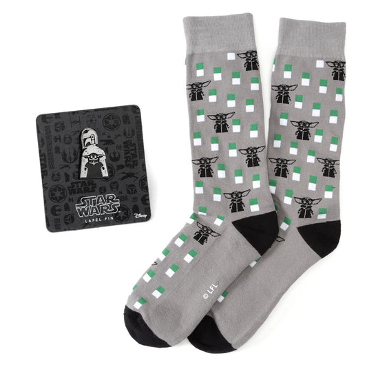 Star Wars Mandalorian and Grogu grey dress socks and lapel pin gift set.-0