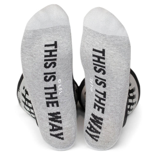 Star Wars The Mandalorian grey dress socks featuring repeating helmet patterns and This Is The Way text.-3