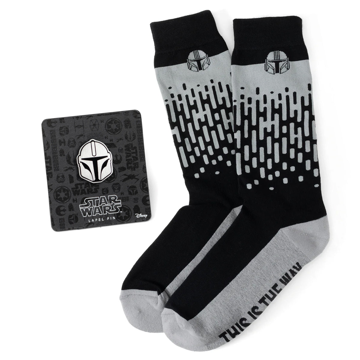 Star Wars The Mandalorian grey dress socks featuring repeating helmet patterns and This Is The Way text.