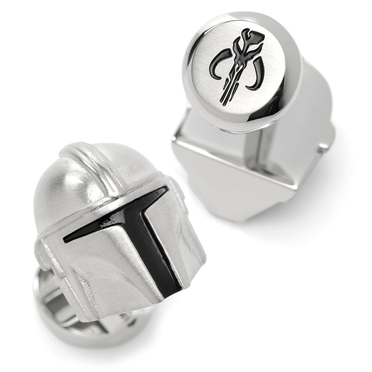 Close up of 3D Mandalorian helmet design on stainless steel cufflinks