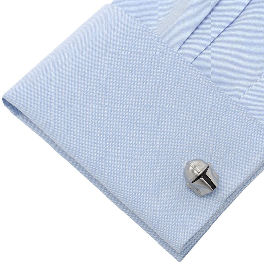 Star Wars Mandalorian 3D Helmet Cufflinks front view showing silver finish-2