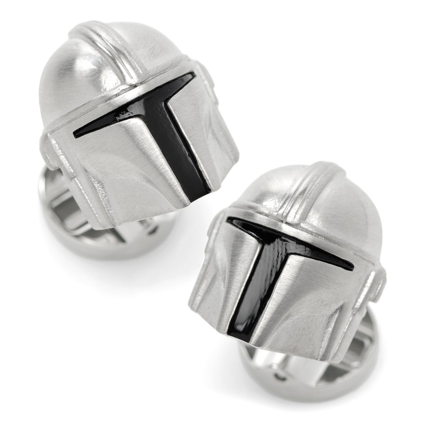 Star Wars Mandalorian 3D Helmet Cufflinks front view showing silver finish