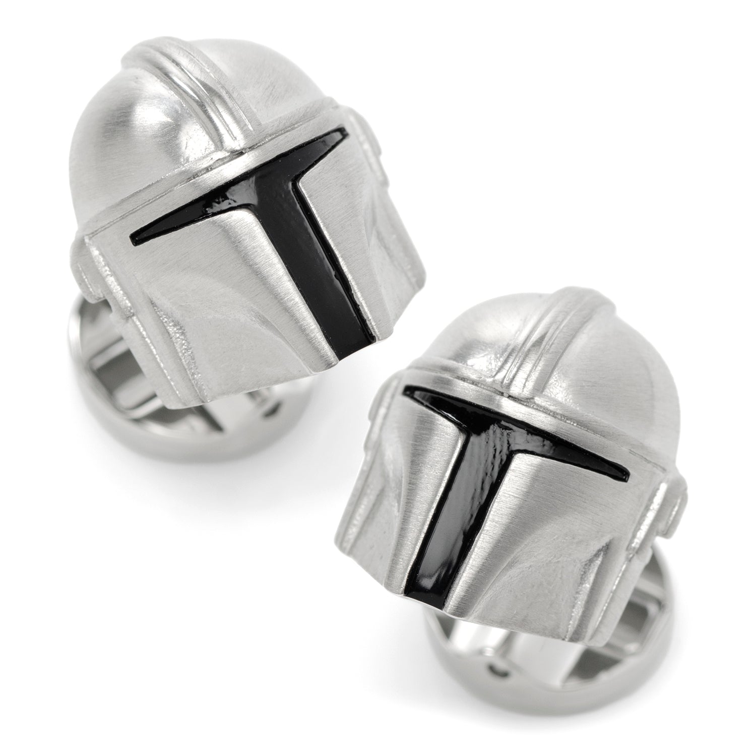 Star Wars Mandalorian 3D Helmet Cufflinks front view showing silver finish