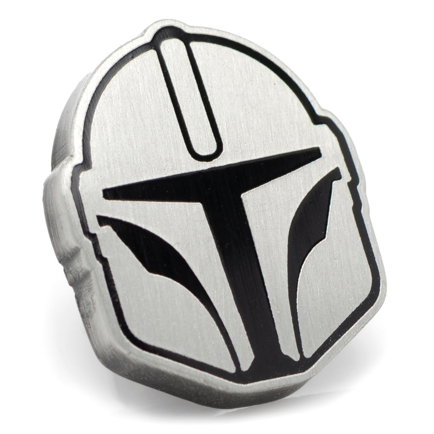 Star Wars Mandalorian Helmet Lapel Pin front view showing silver finish