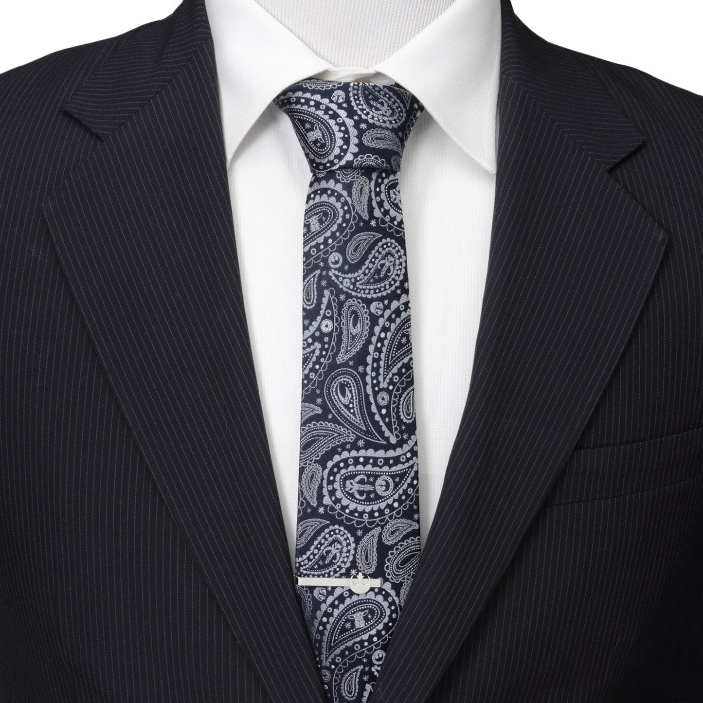 Full view of the midnight and sky blue Star Wars silk necktie