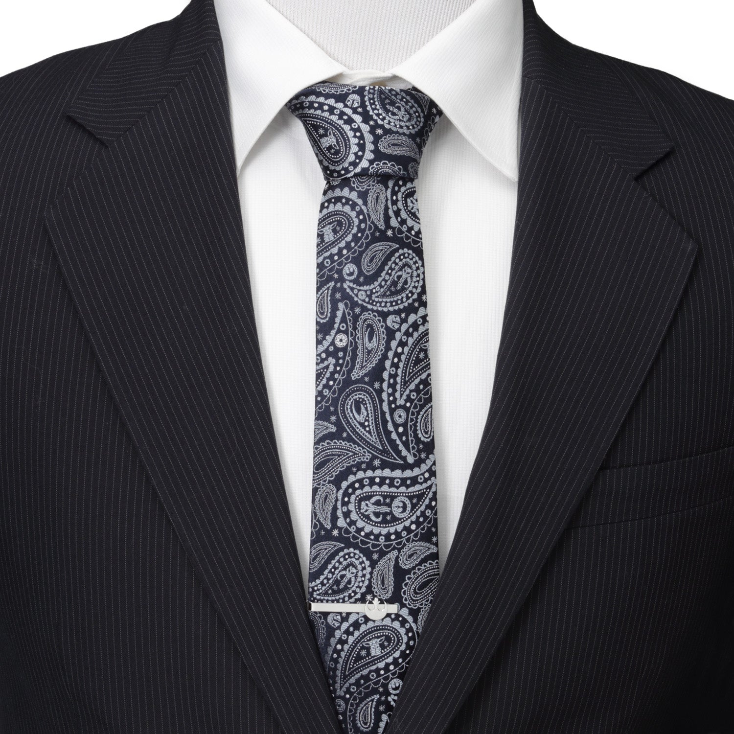 Full view of the midnight and sky blue Star Wars silk necktie